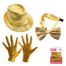 PARTYSHOW 派對亮片手套 金色雙手佩戴+閃亮紳士帽 金色+豪華雙面蝴蝶結 中, 單一顏色, 1套