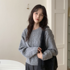 Planday 女款 Lance 圓領短版麻花羊毛針織衫