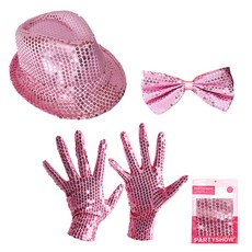 PARTYSHOW 派對亮片手套 粉色雙手佩戴+亮片紳士帽 粉色+豪華雙面蝴蝶結 中, 單一顏色, 1套