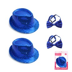 파티쇼 반짝이 신사모자 2p + 나비 넥타이 소 2p, 블루, 1세트
