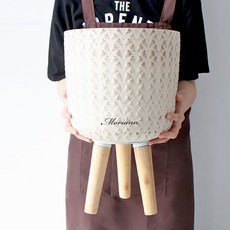 MORIANN 木腳復古塑膠圓形花盆 2540, 米色, 1個