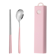 日常適用攜帶式便當餐具組, 1套, 湯匙 + 筷子 + 餐具盒, 粉紅色