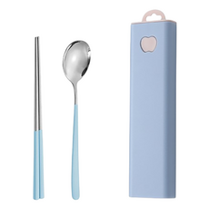 日常適用攜帶式便當餐具組, 1套, 湯匙 + 筷子 + 餐具盒, 天藍色