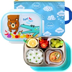 動物印花可拆卸雙層不鏽鋼餐盤便當盒組, 藍色, 雙層餐盤+便當袋