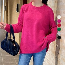 KnitNJean 女款寬鬆版側開衩不對稱拉克蘭袖克麗絲圓領針織衫