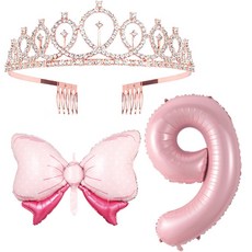 Maket Gamseong 粉紅緞帶 + 數字氣球 + 皇冠套組, 9, 1套