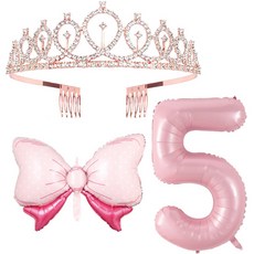 Maket Gamseong 粉紅緞帶 + 數字氣球 + 皇冠套組, 5, 1套