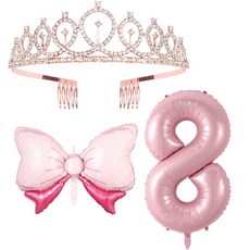 Maket Gamseong 粉紅緞帶 + 數字氣球 + 皇冠套組, 8, 1套