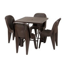 지오리빙 라탄 테이블 사각 + 등받이 의자 4p 세트 고객직접설치, 브라운