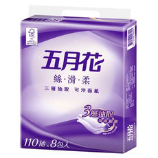 五月花 絲滑柔可沖面紙 3層, 8包, 1袋