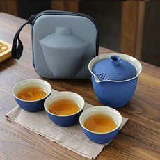 휴대용 다도 세트, 1세트, 주전자 + 잔 3p + 보관파우치, 딥블루(다도)