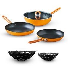 電磁爐適用Master Pro by Alessi平底鍋組 6入, 煎鍋24cm+28cm+宮廷鍋28cm+玻璃蓋28cm+水果籃24cm+28cm, 1組, 橘色(扇子）,隨機出貨(水果籃）