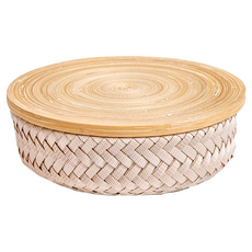 Handedby Wonder編織圓形附蓋籃, 聚丙烯, 再生塑料, 竹蓋, XS 17 x 17 x 7cm, 奶茶色, 1個