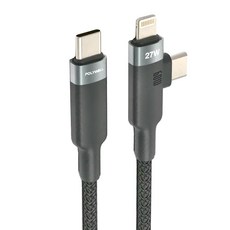 POLYWELL 寶利威爾 二合一T型編織快充線 Type-C To C + Lightning PW15-W45-A392, 1m, 黑色, 1條