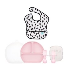 범킨스 베이비 피딩 식판 4종 풀세트, 핑크 + 하트, 식판 + 덮개 + 실리콘 스푼포크 + 케이스 + 이유식 턱받이, 1개