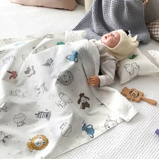 Decoone 孩童用動物印花純棉泡泡紗毯, 白色