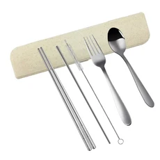 PERFECT 理想 晶品316餐具 5件組, 不鏽鋼吸管+吸管刷+湯匙+叉子+筷子+收納盒, Silver, 1組