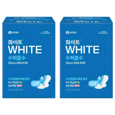화이트 수퍼흡수 날개형 생리대, 오버나이트, 28개입, 2개