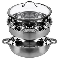 QUEEN SENSE 電磁爐適用多功能雙耳不鏽鋼淺湯鍋+蒸籠+鍋蓋, 1個, 28厘米