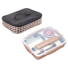 Mega 北歐304不鏽鋼分格便當盒組 加大款 耐熱溫度120℃以下 附湯勺筷子, 粉色, 便當盒 + 餐具 + 湯碗 + 便當袋, 1組