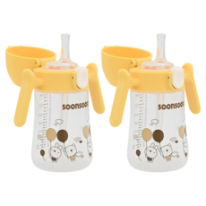 soonsooa 孩童用一觸式防漏吸管杯, 2個, 240ml, 黃色