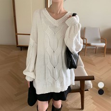 afinar 女款寬鬆麻花長版針織毛衣