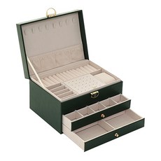 Mega 歐式三層金扣皮質首飾盒, 墨綠色, 23x17x13.5公分