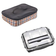 Mega 北歐304不鏽鋼分格便當盒 Set 304不鏽鋼+PP材質 分隔不串味 攜帶方便 密封防漏, 黑色, 附餐具 + 湯碗 + 便當袋, 1組