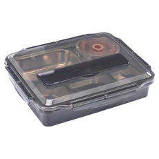 Mega 加大款 北歐304不鏽鋼分格便當盒 Set 耐熱PP外殼 附獨立湯碗, 餐具 + 湯碗, 黑色, 1組