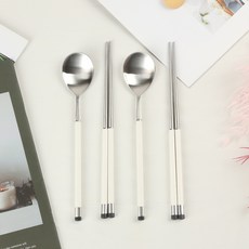 Bogen 韓國製方形雙色緞面餐具2人組, 白色, 湯匙 2p + 筷子 2雙, 1套