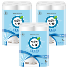깨끗한나라 순수 소프트 3겹 화장지, 27m, 12롤, 3개