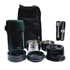 膳魔師 一體式大容量保溫便當盒含專用提袋餐具組 墨綠色, Deep Green, 1500毫升, 1組