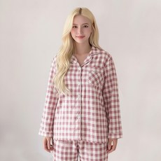 어나더디 여성용 통기성 모노체크 긴팔 잠옷 상하의 세트