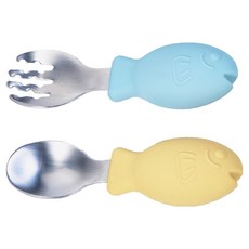 KOM 不鏽鋼兒童矽膠學習餐具 飛魚叉匙組, 1組