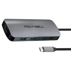 POLYWELL 寶利威爾 Type-C七合一集線器 HUB 100W PD快充 5G HDMI SD TF PW15-T02-A054, 灰色 + 黑色, 1個