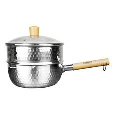 GOZENBO 御膳坊 優機能鎚紋ST蒸籠雪平鍋組 22cm 1組, 銀色, 雪平鍋 + 蒸籠 + 蓋子
