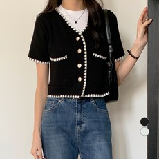 afinar 女款花呢短版短袖開襟衫