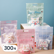 더깔끔 귀여운 손잡이 지퍼백 포장 봉투, 토끼혼합(랜덤발송), 300개
