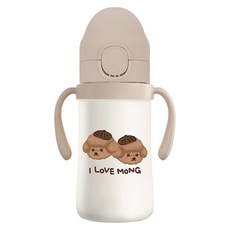 UBMOM Choco Mong彈蓋不鏽鋼雙把手吸管杯, 巧克力棕, 220ml, 1個