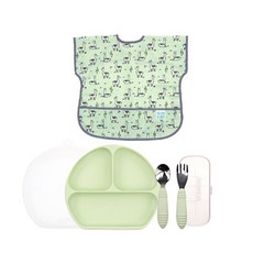 범킨스 키즈 피딩 식판 4종 풀세트, 세이지 + 라마, 식판 + 덮개 + 스테인리스 스푼포크 + 케이스 + 반팔 턱받이, 1개
