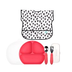 범킨스 키즈피딩 4종 유아 식판 풀세트, 레드 + 하트, 식판 + 덮개 + 스푼 + 포크 + 케이스 + 반팔 턱받이, 1개