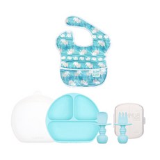 범킨스 베이비 피딩 식판 4종 풀세트, 블루 + 고래, 식판 + 덮개 + 실리콘 스푼포크 + 케이스 + 이유식 턱받이, 1개