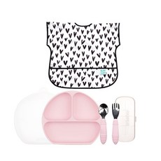 BUMKiNS 孩童餐盤餐具4件組, 03號, 餐盤+蓋子+湯匙+叉子+收納盒+短版圍兜, 1組