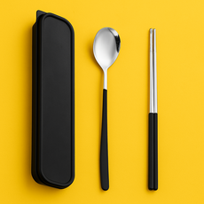 Mustbal 便攜式便當餐具 + 收納盒組, 1套, 湯匙 + 筷子 + 收納盒, 黑色