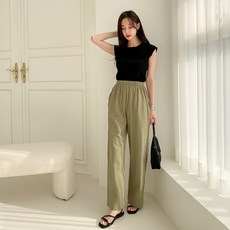 유세븐 여성용 통기성 린넨 일자 와이드 밴딩 팬츠 DMWP4020