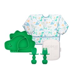 BUMKiNS 副食品用餐組 圍兜+吸盤餐盤+叉子+湯匙, 01號恐龍款, 餐盤+矽膠湯匙叉子+收納盒+長袖圍兜