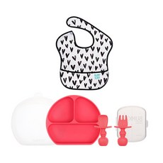 범킨스 베이비 피딩 식판 4종 풀세트, 레드 + 하트, 식판 + 덮개 + 실리콘 스푼포크 + 케이스 + 이유식 턱받이, 1개