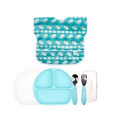 범킨스 키즈피딩 4종 유아 식판 풀세트, 블루 + 고래, 식판 + 덮개 + 스푼 + 포크 + 케이스 + 반팔 턱받이, 1개
