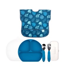 범킨스 키즈피딩 4종 유아 식판 풀세트, 다크블루 + 블루트로픽, 식판 + 덮개 + 스푼 + 포크 + 케이스 + 반팔 턱받이, 1개