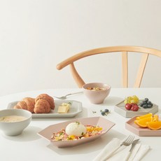 KIMSUNGHUN CERAMICS 高級六角形雙人居家餐具12件組, 粉紅色(淺灰色 + 乾燥玫瑰粉), 7種